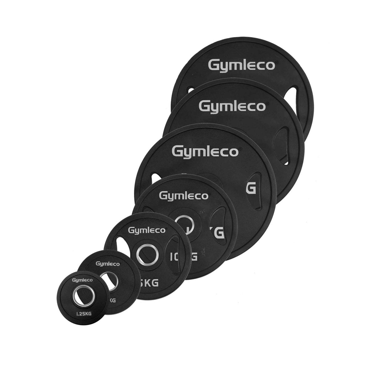 Black weight plates in polyurethane with handles Gymleco UK