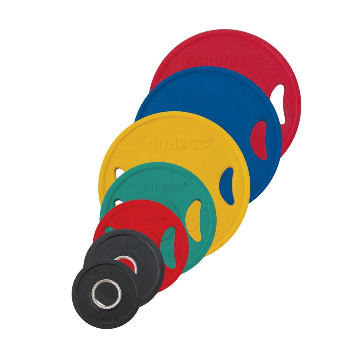 Colored weight plates in rubber with handles Gymleco UK